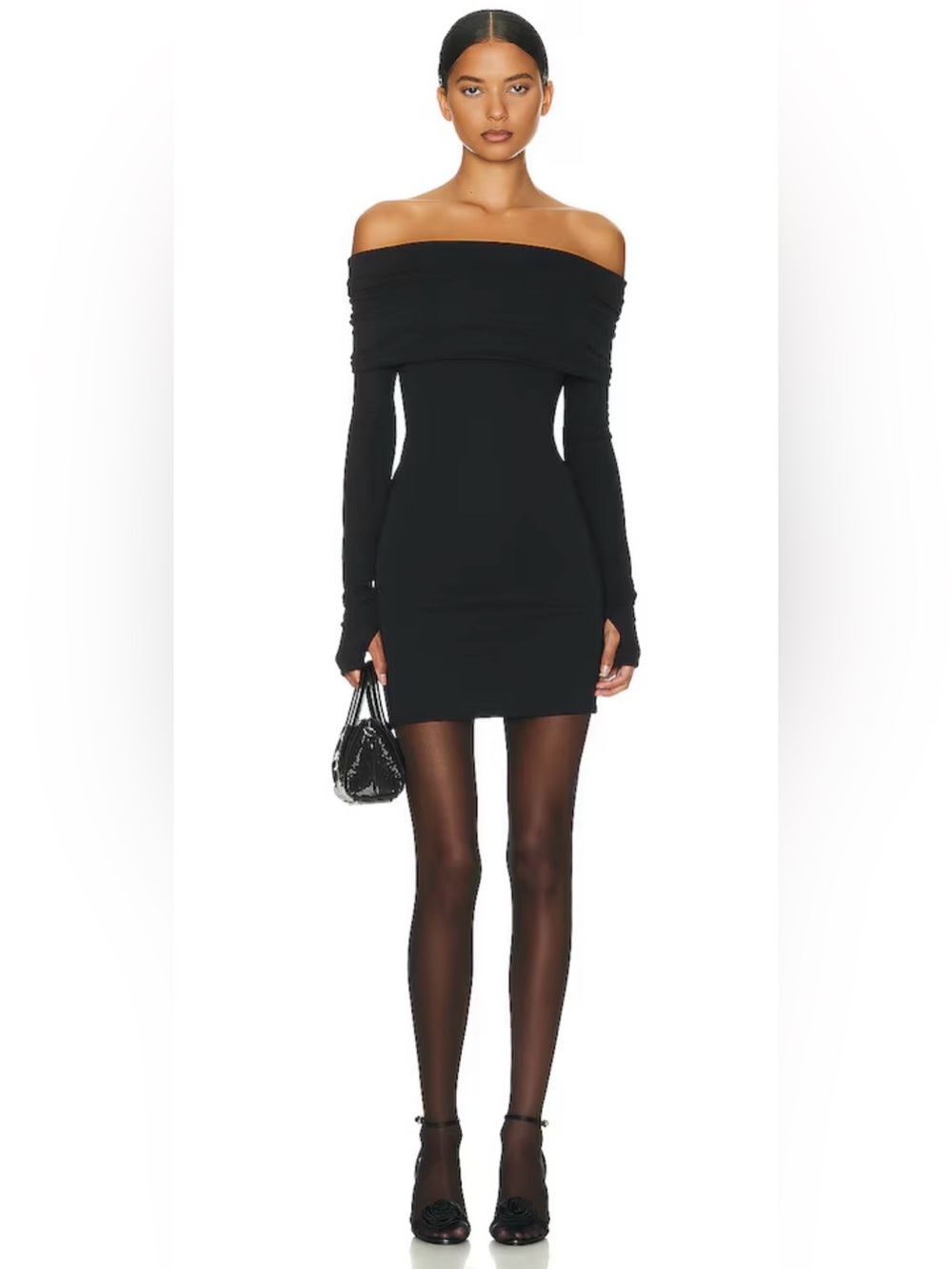 Helsa Matte Jersey Off the Shoulder Mini Dress In Black, Size XS